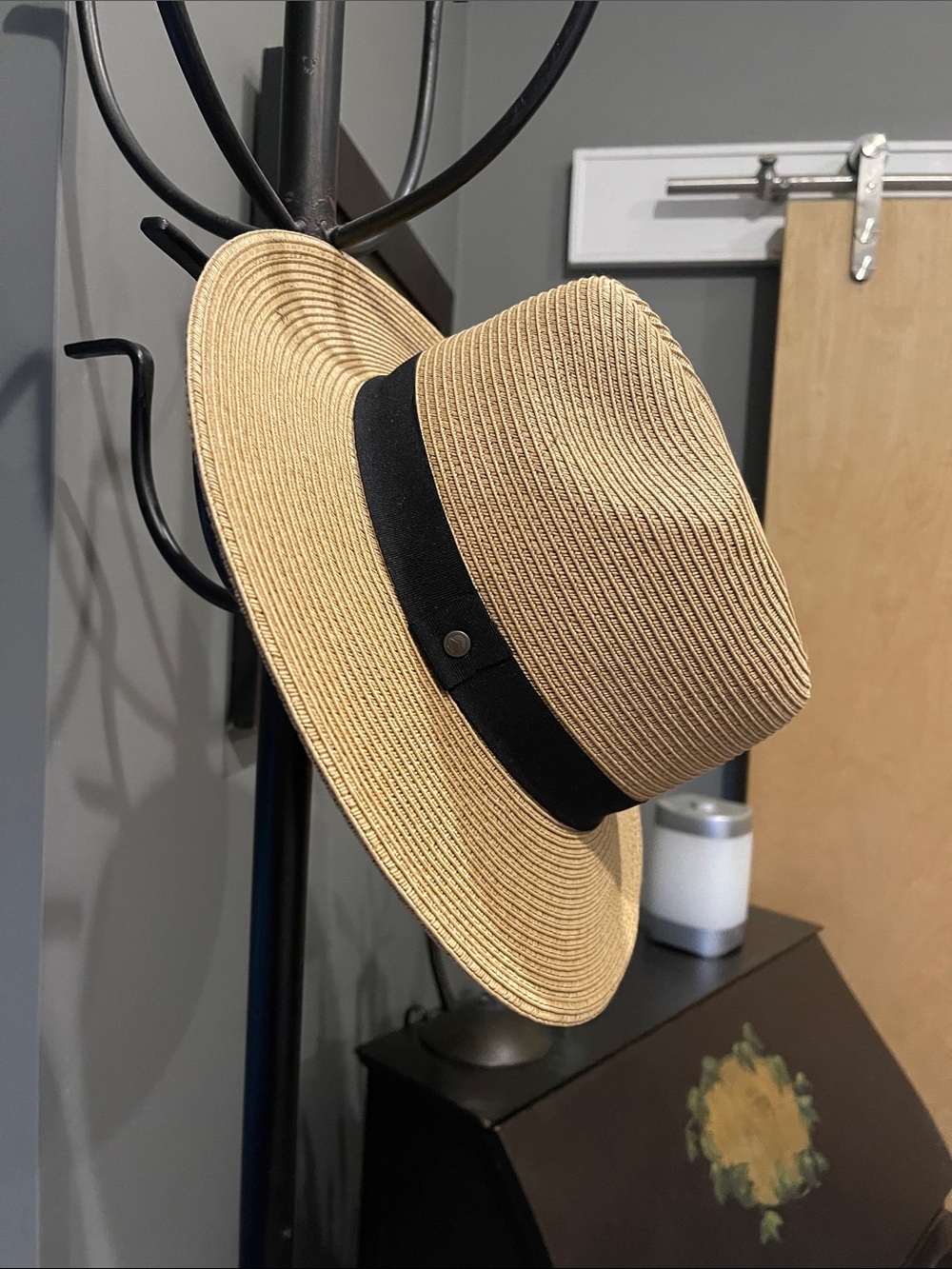 Wide Brim Straw Fedora Hat with Black Band - Natural